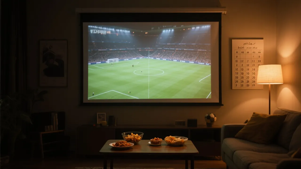 深夜观赛的客厅场景：投影幕布与简洁时间轴海报，温暖灯光，仪式感